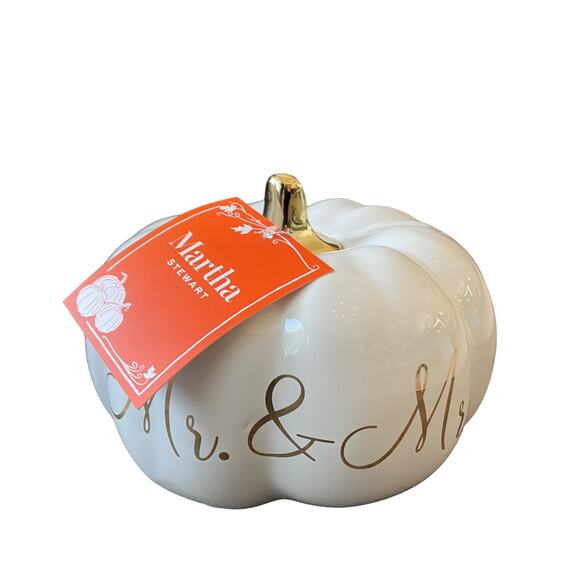 Martha Stewart MR. & MRS. Ceramic Pumpkin White Gold Stem Small Fall Decor NEW - Picture 5 of 10
